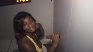 Nasty ebony babe gets all her holes filled with cum at the gloryhole