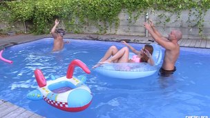 Pool party with a brunette who wants to feel warm jizz in her pussy