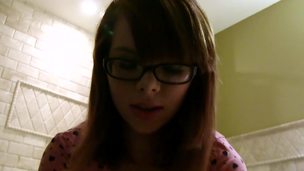 Petite nerd girl and a big dick guy fucking in the bathroom