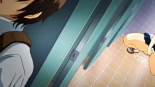 A beautiful anime schoolgirl with large boobs was caught masturbating in the toilet and diddled wild