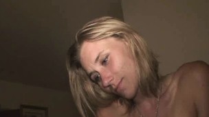 Trashy young blonde Kerri loses her clothes and milks a throbbing pole