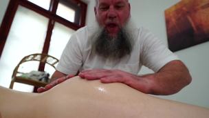 Old masseur with shaggy beard licks and fucks client's cookie